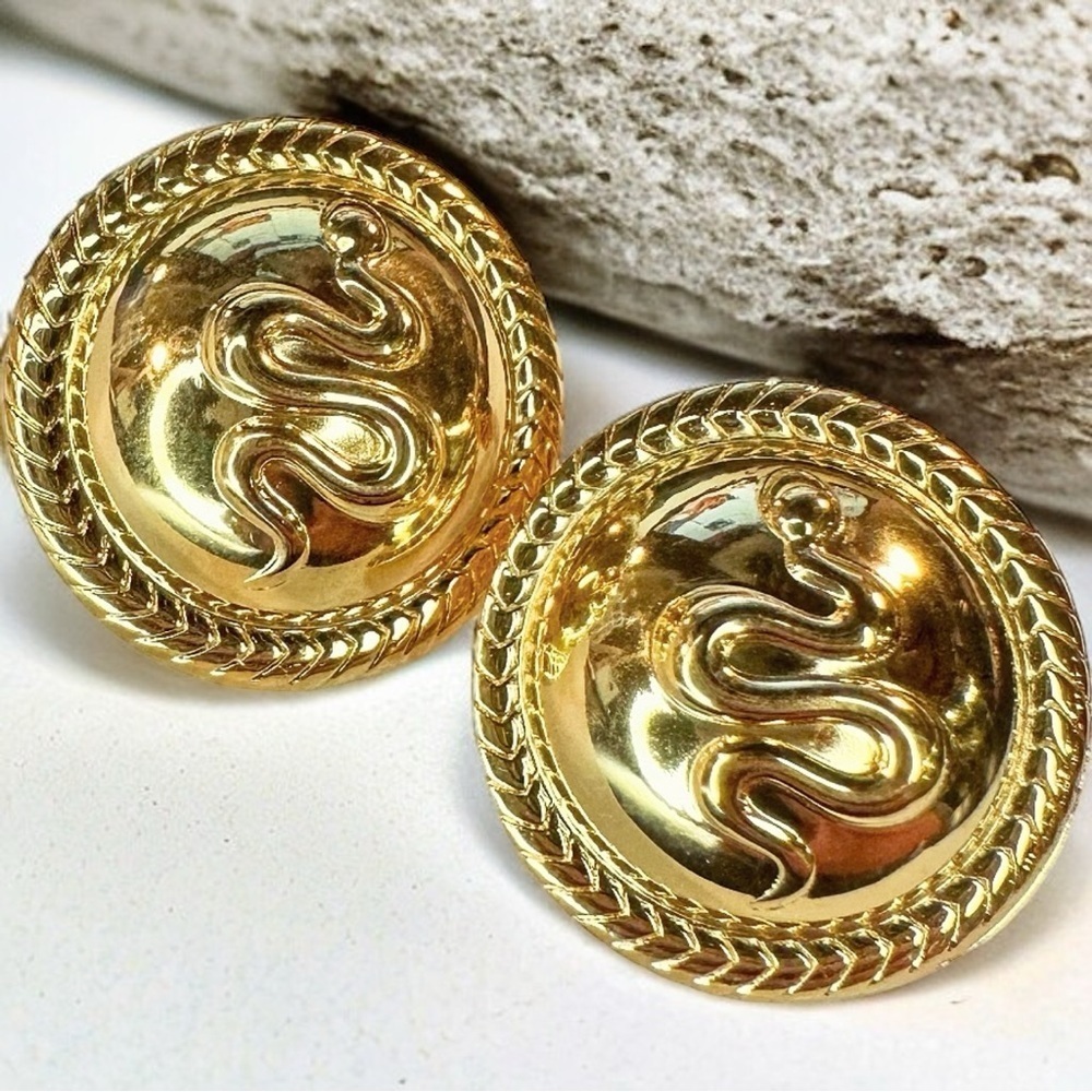 NEW Yellow Gold-Plated Stainless Steel Snake Serpent Signet Round Dome Earrings